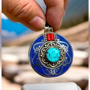 Vintage & Handcrafted Ethnic Tibetan Silver Pendant Inlay With Stones 2”in & 33g